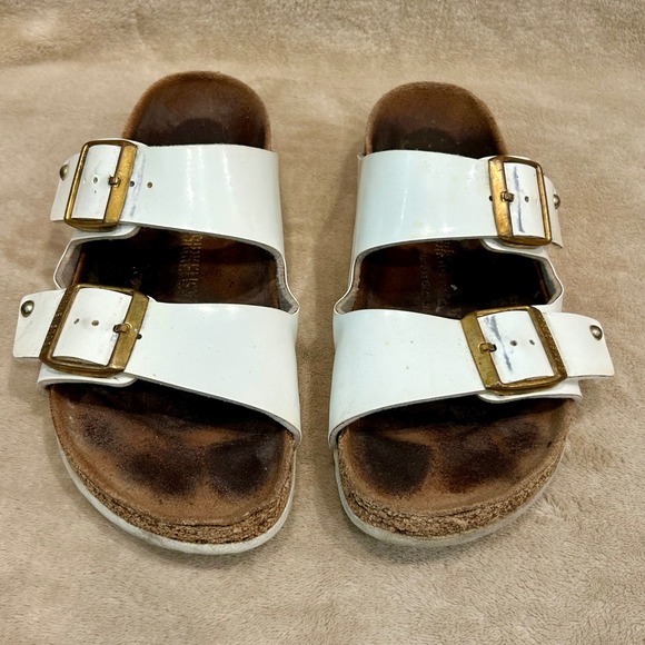Birkenstock Womens 38 / 7-7.5 Arizona Biko Flor Patent White Gold Buckle‎ - Picture 2 of 8